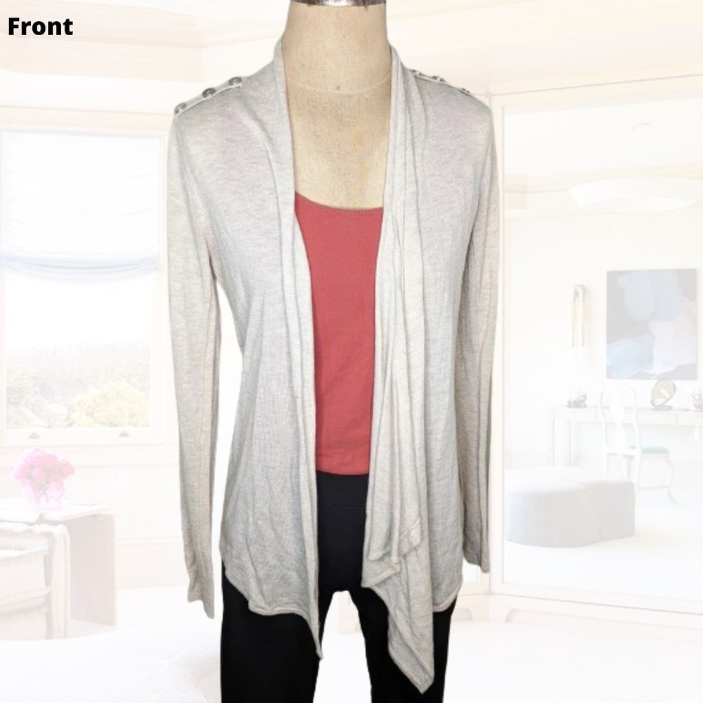 Beige The LIMITED Cardigan with Button Shoulder Detail - Asymmetrical Hem